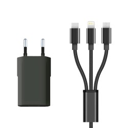 Pack câble 3 en 1 + adaptateur secteur USB charge rapide